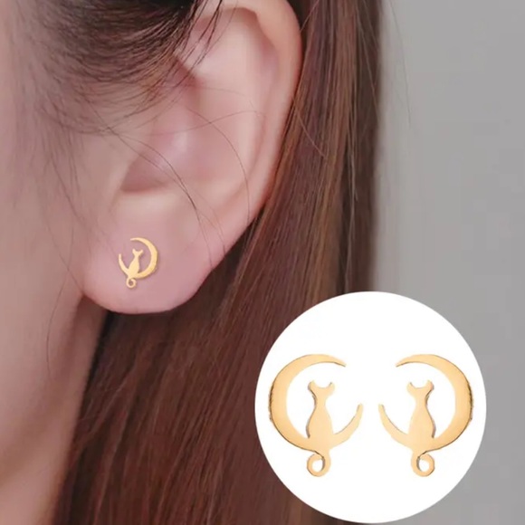 MOON CAT GOLD Stainless Steel Minimalist Stud Earrings With Gift Bag - Picture 1 of 5